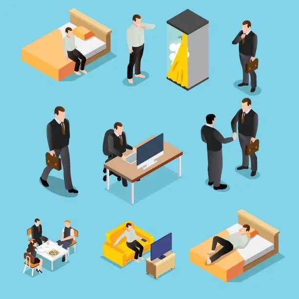 Vector illustration of Businessman or office worker life collection set isometric 3d