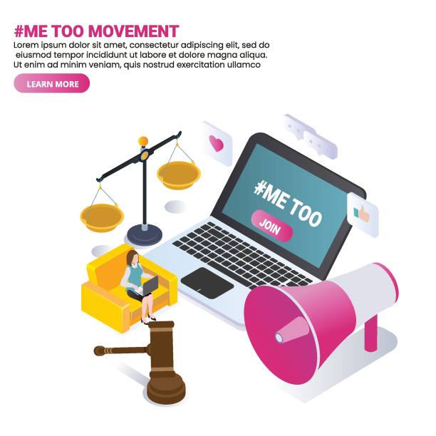 illustrations, cliparts, dessins animés et icônes de femme sur ordinateur portable travaillant sur la campagne metoo 3d isométrique - metoo