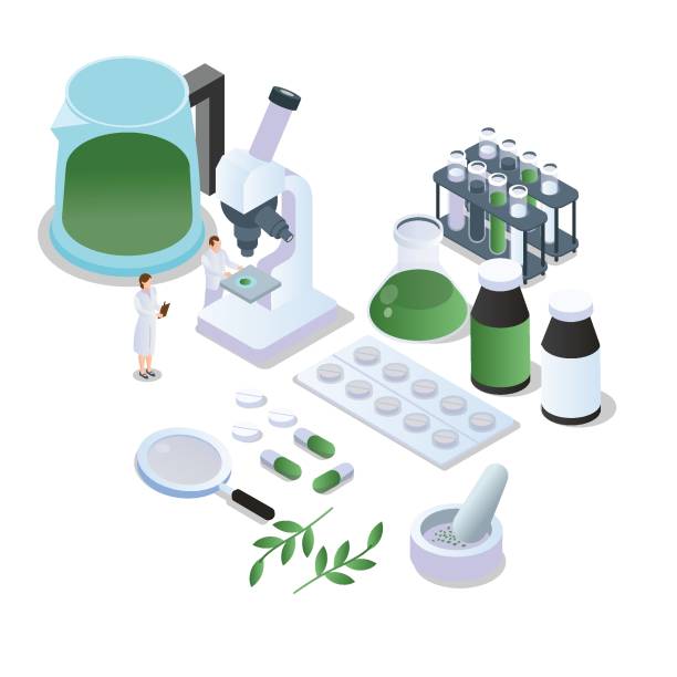 wytwarzanie ziołolecznictwa izometrycznego 3d - organic cosmetics style factory stock illustrations