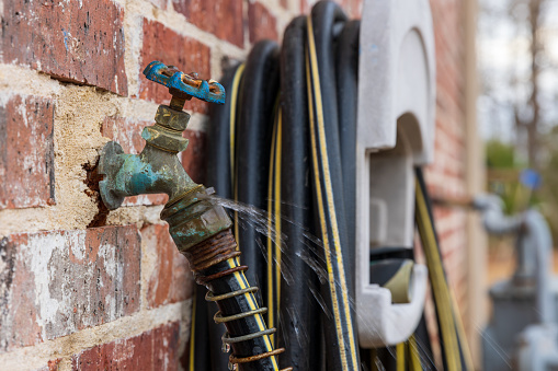 Outdoor water faucet leaking with hose attached.