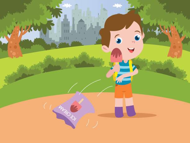Little boy throwing plastic rubbish in the park Children vector concept: Little boy throwing ice cream wrap or plastic rubbish in the park while eating the ice cream littering stock illustrations