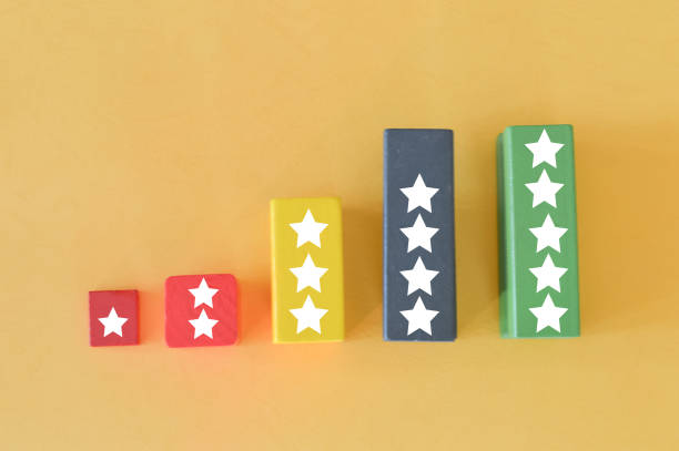 istock Wooden cube block with star ratings. Feedback and evaluation concept 1372461394