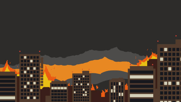 Urban large-scale fire sky Created with Illustrator. 街 stock illustrations