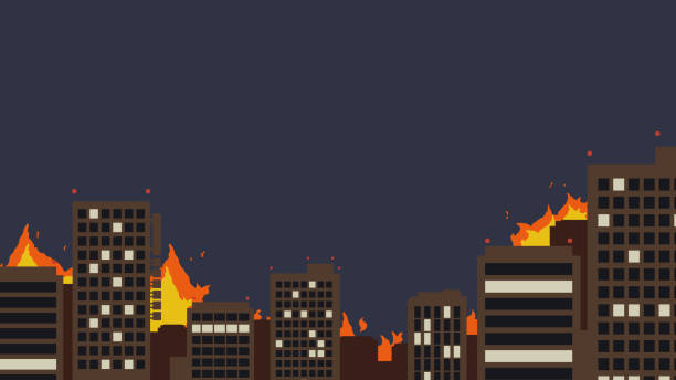 Urban large-scale fire at night Created with Illustrator. 街 stock illustrations
