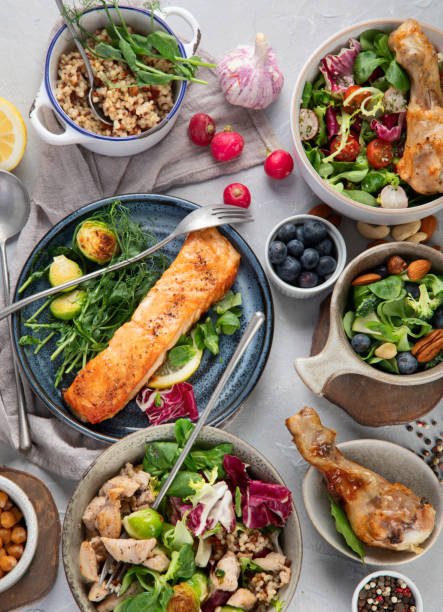 istock Healthy food assortment on light background. 1372464974