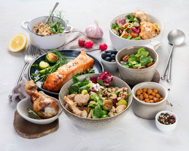 istock Healthy food assortment on light background. 1372464976