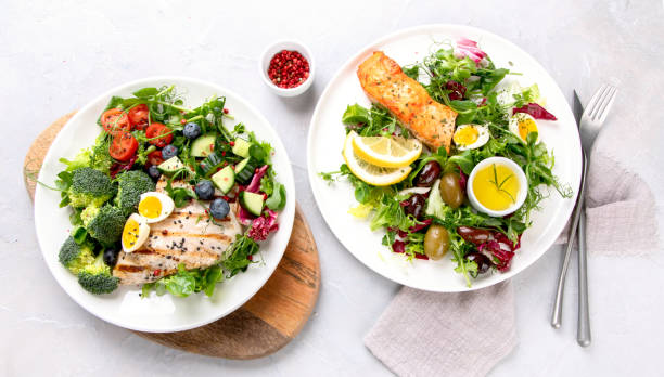 Ketogenic diet meals assortment on light background. stock photo