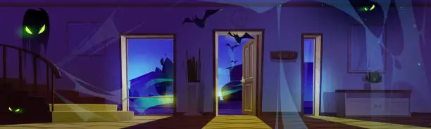 Vector illustration of Scary house with ghosts, bats and spiderweb