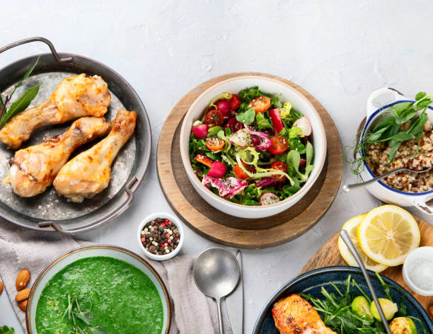 istock Healthy food assortment on light background. 1372465085