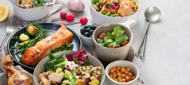 istock Healthy food assortment on light background. 1372465088