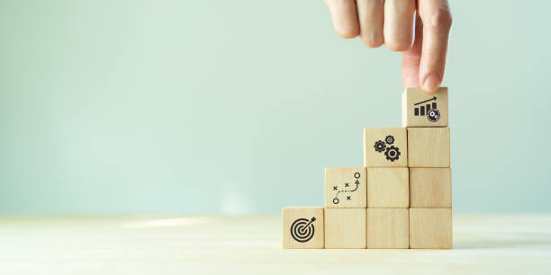 istock Business goal, plan, action and improvement concept. Business resolution and development. Hand holds stacking wooden cube with improvement icon standing with goal, plan, action icon on grey background 1372465999