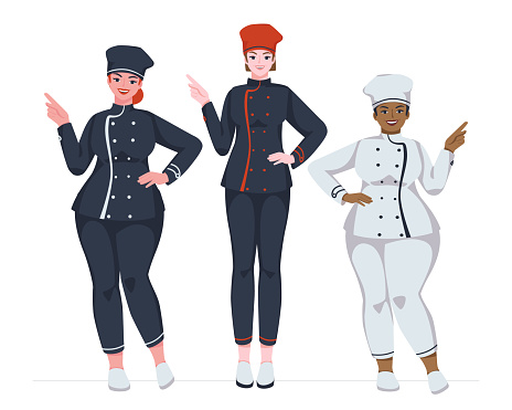 Three women of different builds and skin colors. Cook girls in uniform. Professional cooks. Flat vector illustration.