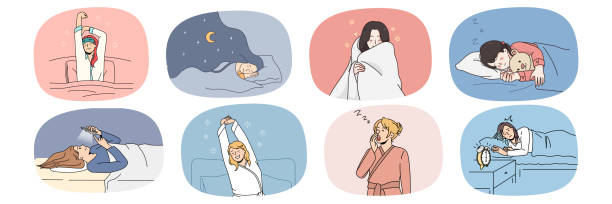Set of tired woman relax sleep in bed Set of exhausted woman lying relaxing in bed enjoy sleeping in comfortable home bedroom. Tired girl rest see dreams or taking nap. Sleep problem, fatigue and exhaustion. Vector illustration. drawing of mattress stock illustrations