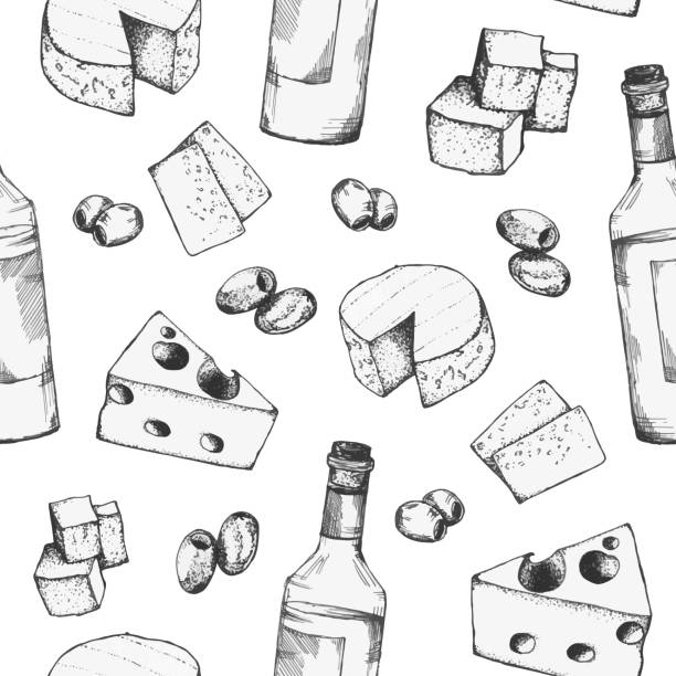 ilustraciones, imágenes clip art, dibujos animados e iconos de stock de vino, queso y aceitunas. patrón sin costuras dibujo vectorial clip art botella de vino, aceitunas y queso. - cheese wine white background grape