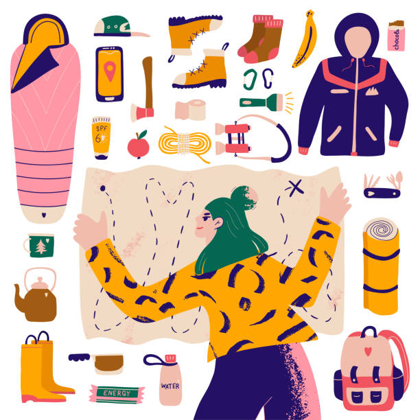 Bundle for camping and adventure. Hand drawn character and elements sleeping bag, mat, jacket and binoculars. Perfect for local tourism, blogging, camping, posters or sticker kit. Cartoon vector illustration. Bundle for camping and adventure. Hand drawn character and elements sleeping bag, mat, jacket and binoculars. Perfect for local tourism, blogging, camping, posters or sticker kit. Cartoon vector illustration. hiking snack stock illustrations