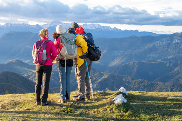 istock Friends looking at mountain view 1372478574