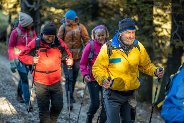 istock Friends hiking on dirt track in forest 1372478602