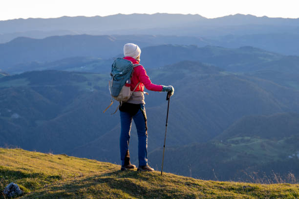 istock Woman standing and looking at mountain view 1372478619