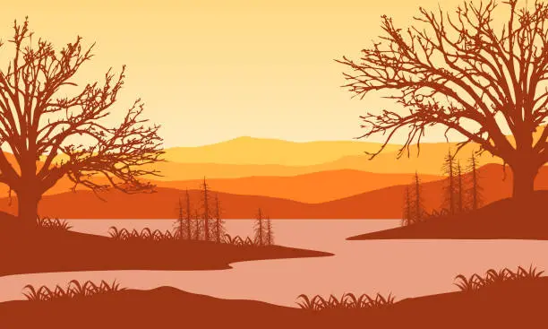 Vector illustration of Fantastic mountain view from the lakeside in the daytime with the silhouettes of pine trees around