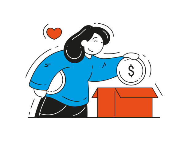 Happy woman putting donation coin into cardboard box vector flat illustration Happy woman putting donation coin into cardboard box vector flat illustration. Concept of help, social care, volunteering, financial support for poor people. Female giving money to charity isolated tax silhouettes stock illustrations