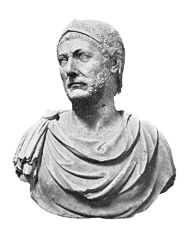 Hannibal Barcas was a Carthaginian strategist and general who is considered one of the greatest generals of antiquity. During the Second Punic War he inflicted several serious defeats on the Roman Empire and brought Rome back to Rome in 216 BC. in the Battle of Cannae on the brink of destruction. Illustration from 19th century.