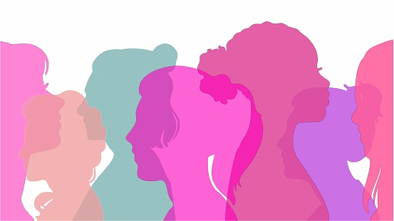 Profiles of women of different ages in various colors. Vector.