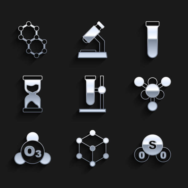 istock Set Test tube flask on stand, Molecule, Sulfur dioxide SO2, Ozone, Old hourglass, and icon. Vector 1372484781