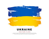 Ukrainische Flagge. Blaue und gelbe Pinselstriche, handgezeichnet. Vektorillustration isoliert auf weißem Hintergrund.