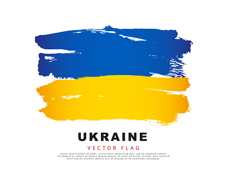 Ukrainian flag. Blue and yellow brush strokes, hand drawn. Vector illustration isolated on white background. Colorful Ukrainian flag logo.