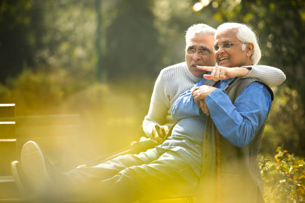 istock Two senior men admiring view at park 1372487361