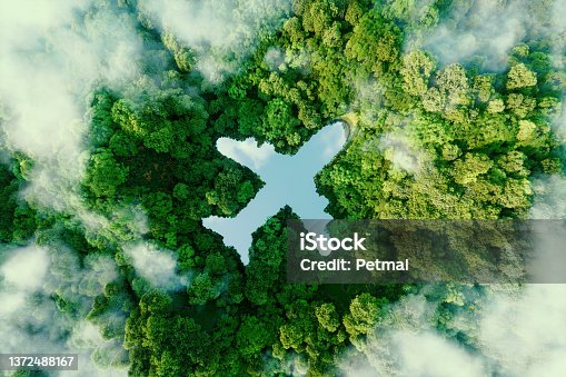 istock A lake in the shape of an airplane in the middle of untouched nature - a concept illustrating the ecology of air transport, travel and ecotourism. 3d rendering. 1372488167