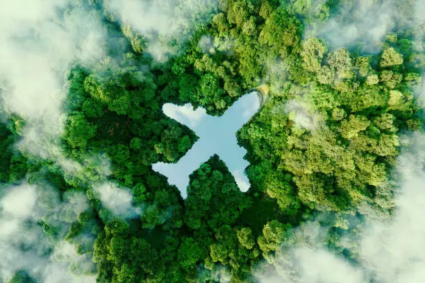 Photo of A lake in the shape of an airplane in the middle of untouched nature - a concept illustrating the ecology of air transport, travel and ecotourism. 3d rendering.