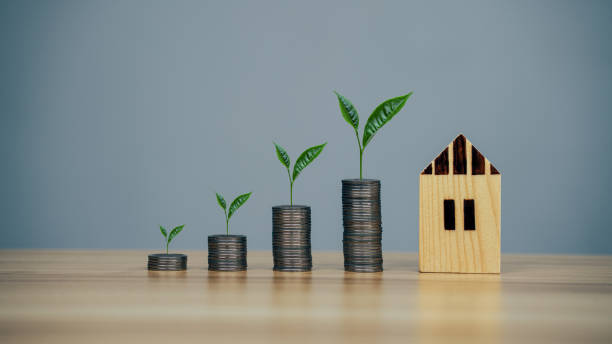 istock Saving money model house and coins on wood table background 1372488545