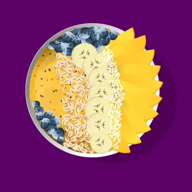 Vector illustration of Smoothie breakfast bowl topped with mango, blueberries, banana, yogurt.