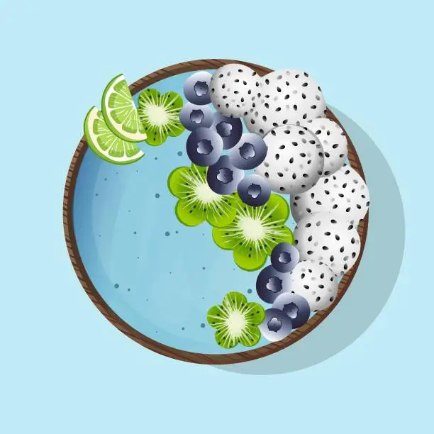 Vector illustration of Smoothie breakfast bowl topped with kiwi, blueberries, pitahaya, yogurt.
