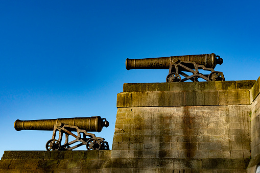The cannons on the Lord Collingwood statue in Tynemouth.  The statue was designed by John Graham Lough on a pedestal designed by John Dobson in 1845.  The cannons are from the Royal Sovereign ship which was the one commanded by Lord Collingwood in the Battle of Trafalgar.