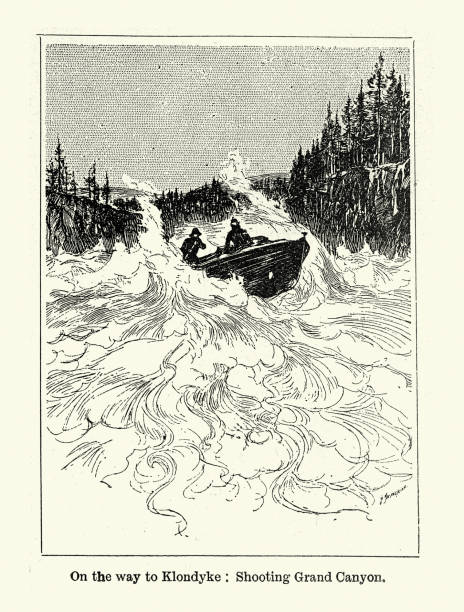 Vintage illustration prospectors shooting the rapids on the way to the Klondike, Gold rush, 19th Century