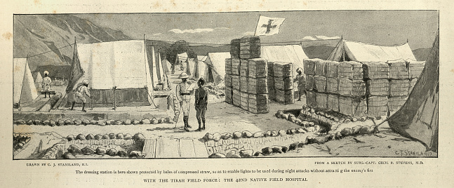 Vintage illustration British Indian army military field hospital during the Tirah campaign, 1897, 19th Century