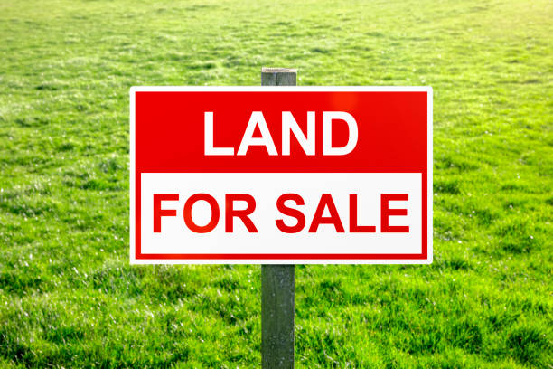 Land for sale sign in green grass field for housing development and construction stock photo