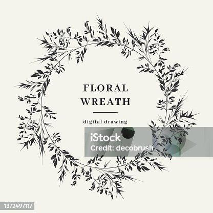 istock Floral wreath, Wildflower wreath. Elegant frame for invitation or wedding decor, Circle monogram from field blades of grass. Vector illustration 1372497117