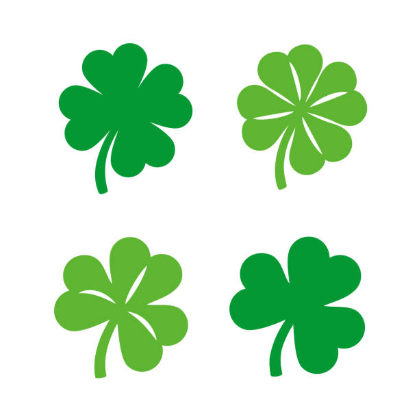 ikony koniczyny, ikony koniczyny czterolistnej, symbol koniczyny dnia świętego patryka, szczęśliwa koniczyna, ilustracja wektorowa - st patricks day stock illustrations