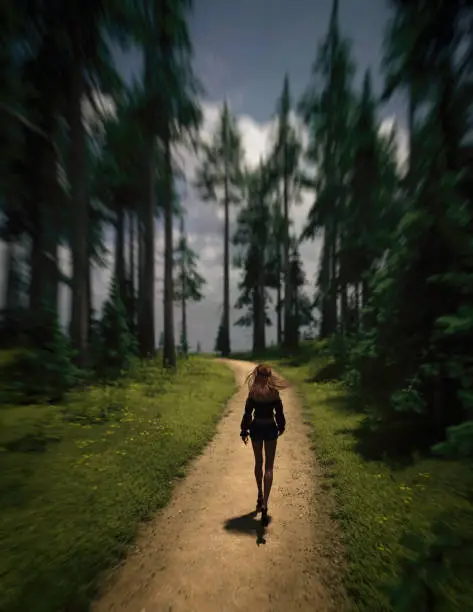Woman with long red hair in black top and short jeans walks on a trail in a pine forest on a sunny summers day. Rear view. 3D render.