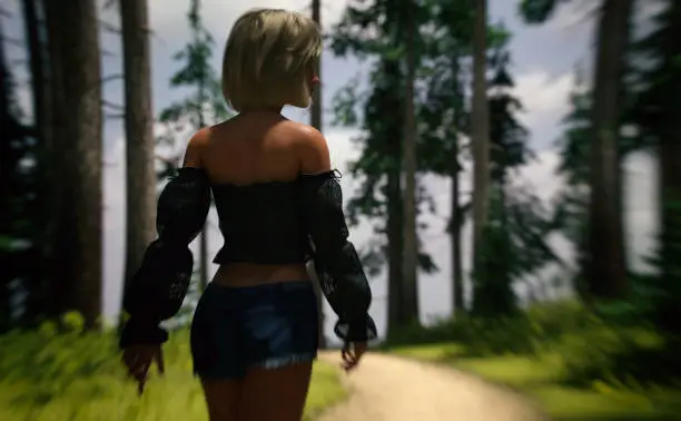 Woman with blonde hair in black top and short jeans walks on a trail in a pine forest on a sunny summers day. Rear view. 3D render.