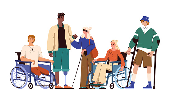 Disabled characters on wheelchair and crutches. Man with prosthetic leg support blind girl. Group of young people or multiracial friends with special needs. Vector illustration in flat style.