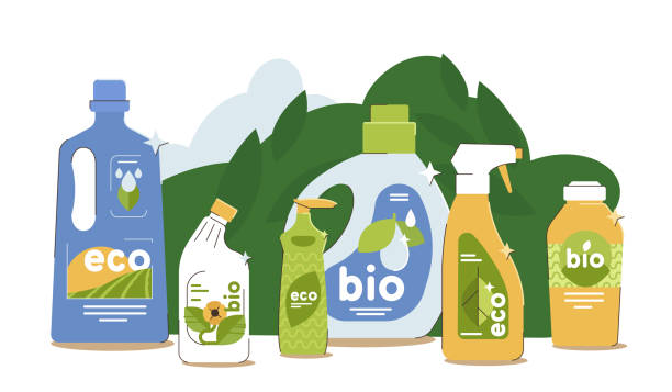 ilustraciones, imágenes clip art, dibujos animados e iconos de stock de productos naturales ecológicos para la limpieza de la casa o el lavado de ropa - bottle plastic label green