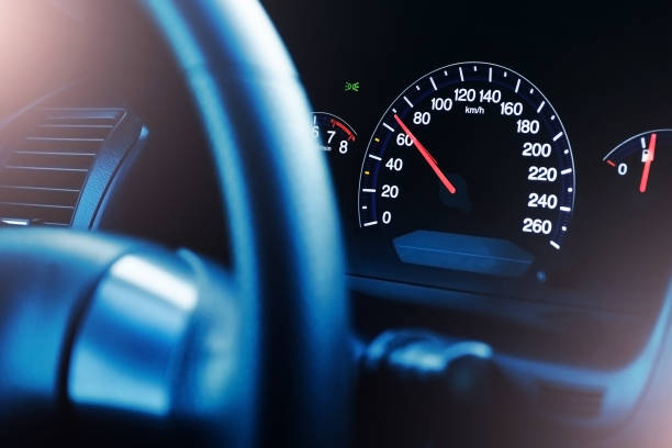istock Driving car background. Speedometer speed indicator symbol. Dark elegant luxury car steering wheel. 1372503854