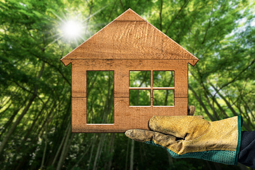 Close-up of a hand with protective work glove holding a small wooden house with a green forest on background and sun rays. Eco house in green environment concept.