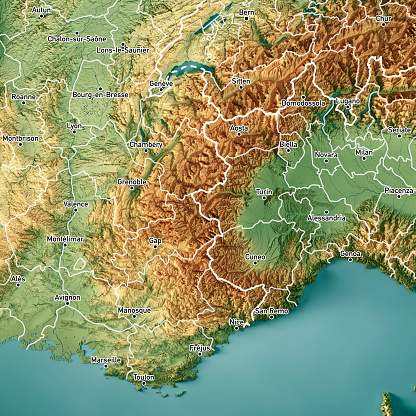 3D Render of a Topographic Map of the Frech and Italian Alps region. Version with administrative boundaries and city names.\nAll source data is in the public domain.\nColor texture: Made with Natural Earth. \nhttp://www.naturalearthdata.com/downloads/10m-raster-data/10m-cross-blend-hypso/\nRelief texture and Rivers: NASADEM data courtesy of NASA JPL (2020). \nhttps://doi.org/10.5067/MEaSUREs/NASADEM/NASADEM_HGT.001 \nWater texture: SRTM Water Body SWDB:\nhttps://dds.cr.usgs.gov/srtm/version2_1/SWBD/\nBoundaries Level 0: Humanitarian Information Unit HIU, U.S. Department of State (database: LSIB)\nhttp://geonode.state.gov/layers/geonode%3ALSIB7a_Gen\nBoundaries Level 1: Made with Natural Earth.\nhttps://www.naturalearthdata.com/downloads/10m-cultural-vectors/