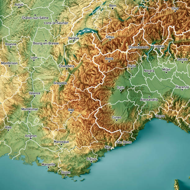 French And Italian Alps 3D Render Topographic Map Color Border Cities 3D Render of a Topographic Map of the Frech and Italian Alps region. Version with administrative boundaries and city names.
All source data is in the public domain.
Color texture: Made with Natural Earth. 
http://www.naturalearthdata.com/downloads/10m-raster-data/10m-cross-blend-hypso/
Relief texture and Rivers: NASADEM data courtesy of NASA JPL (2020). 
https://doi.org/10.5067/MEaSUREs/NASADEM/NASADEM_HGT.001 
Water texture: SRTM Water Body SWDB:
https://dds.cr.usgs.gov/srtm/version2_1/SWBD/
Boundaries Level 0: Humanitarian Information Unit HIU, U.S. Department of State (database: LSIB)
http://geonode.state.gov/layers/geonode%3ALSIB7a_Gen
Boundaries Level 1: Made with Natural Earth.
https://www.naturalearthdata.com/downloads/10m-cultural-vectors/ provence alpes cote dazur stock pictures, royalty-free photos & images