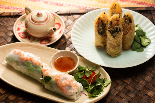 Raw spring rolls are a Vietnamese dish, in which ingredients are wrapped in skin made from rice flour. Sometimes fried.